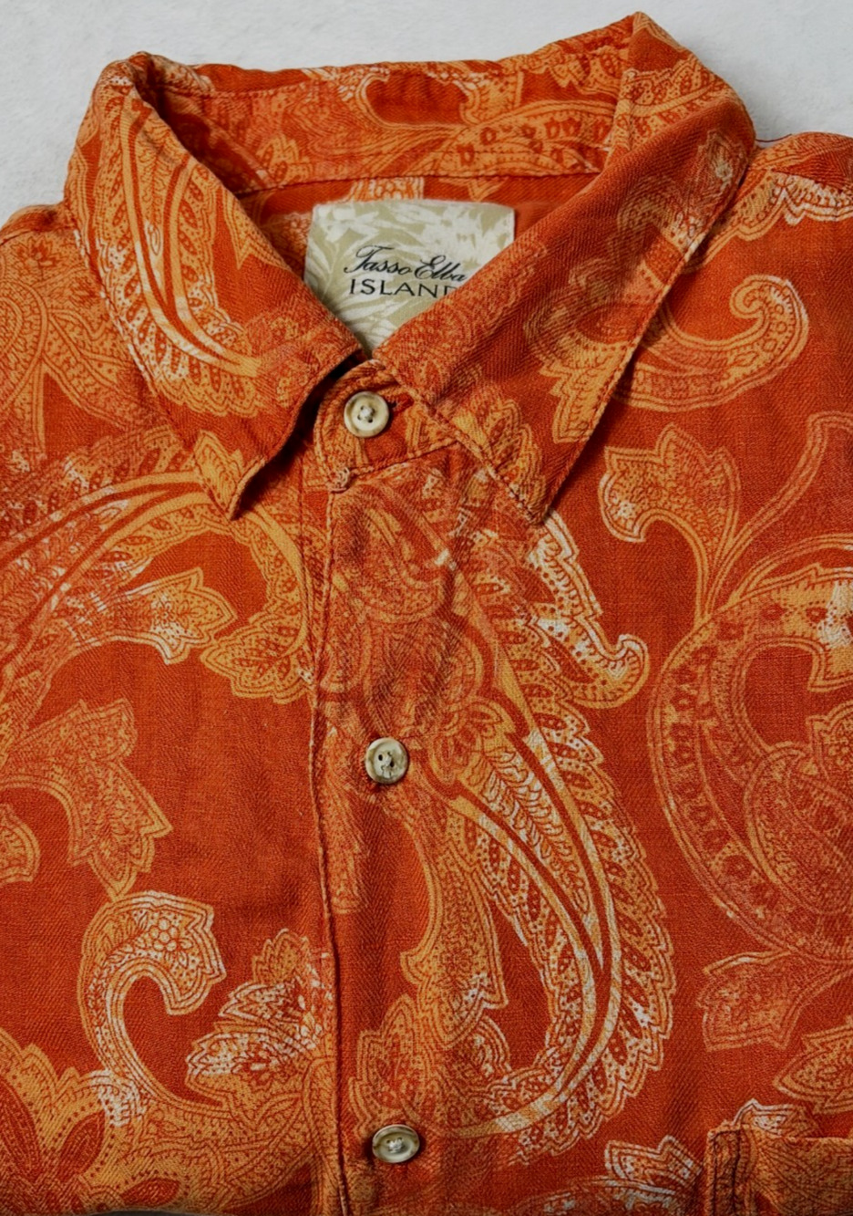 Tasso Elba Island Mens XL Orange Paisley Button-Up Shirt, Silk Linen Blend